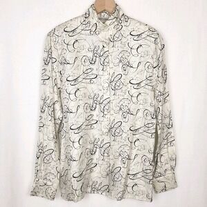 Vintage JH Collectibles 100% Silk Blouse Script Calligraphy Print Ivory Black 12